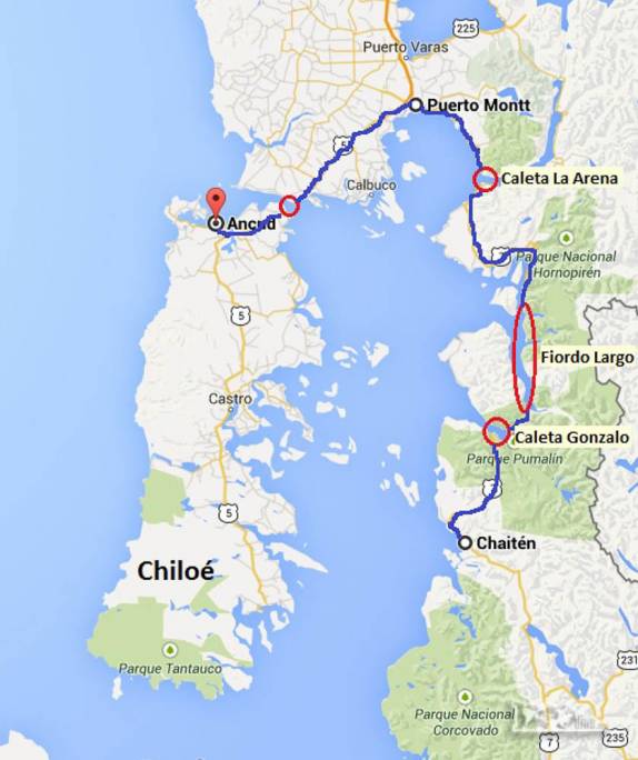 Nosso roteiro de hoje terminando a Carretera Austral. saímos de Chaitén, passamos pelo parque Pumalín e três balsas até Puerto Montt. Depois, mais uma balsa até a ilha de Chiloé, onde fomos para Ancud